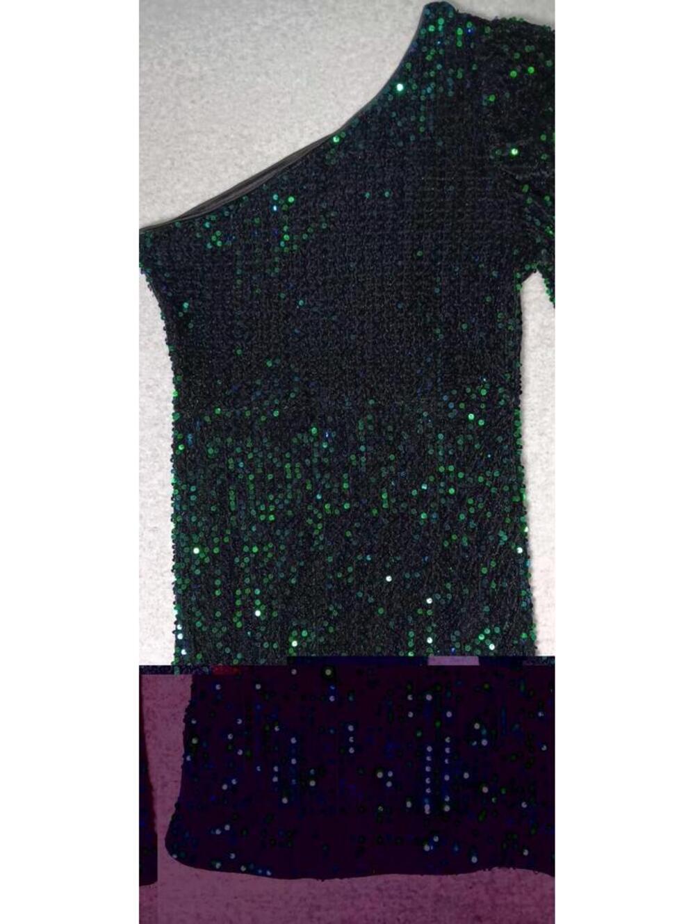 Sequin One Sleeve Fitted Dress Womens Size Large Green Blue Long Sleeve Cocktail - Picture 11 of 11